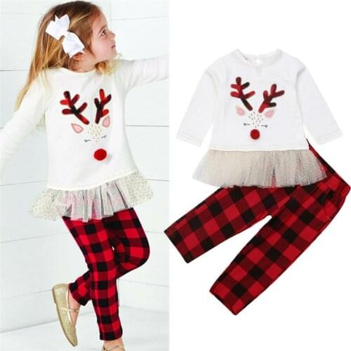 XMAS Deer Toddler Kid Baby Girls Two Piece Set Clothes Print Tutu Top Plaid Long Pants 2pcs Casual Christmas Outfits Winter