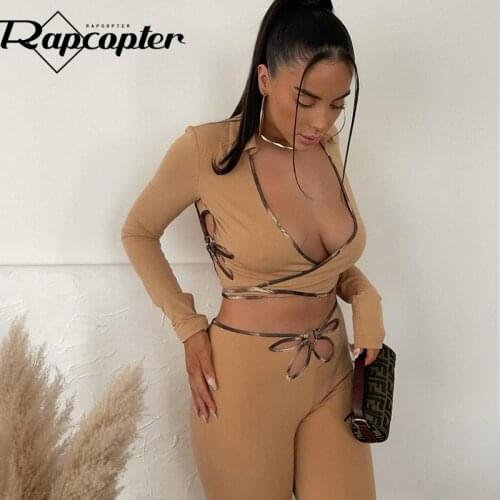 Rapcopter y2k Two Pieces Set Floral Cut Out Suits Women Crop Top Sweatpants Set Tie Up Cute Khaki Vintage Tracksuits Streetwear