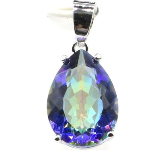 27x13mm SheCrown Hot Sell Drop Shape 18x13mm Fire Rainbow Mystic Topaz London Blue Topaz Womans Girls 925 Silver Pendant