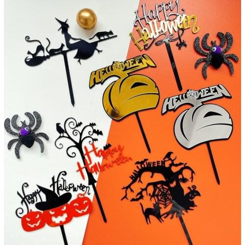 New Witch Acrylic Happy Halloween Cake Toppers Horror Pumpkin Black Cat Bat Baking Cake Toppers Halloween Party Cake Decorations