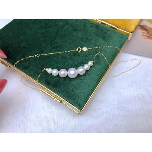 D528 Pearl Necklace Fine Jewelry Solid 18K Gold Round 4-9mm Nature Fresh Water White Pearls Necklaces for Women Presents