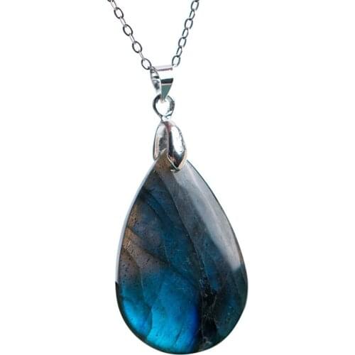 Natural Labradorite Gems Stone Crystal Water Drop Bead Necklace Charm Pendant 36x23x10mm Precious Strong Blue Lights Pendant