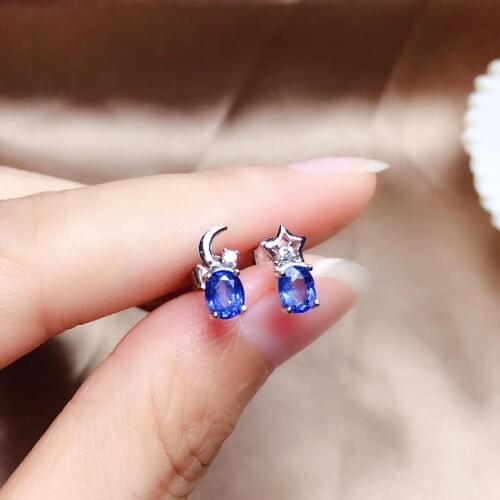 Natural blue Sri Lanka sapphire stud earrings 925 silver natural gemstone earrings women cute Stars Moon party gift jewelry