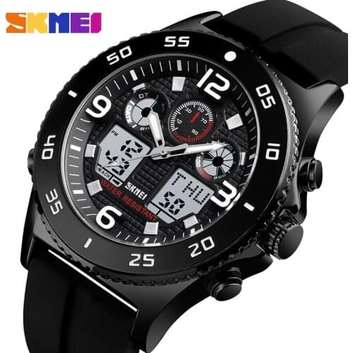 SKMEI Mens Watches Sport Quartz Dual Display Fashion Casual 3Time Multifunction 50M Waterproof 12/24Hour Clock Relogio Masculino