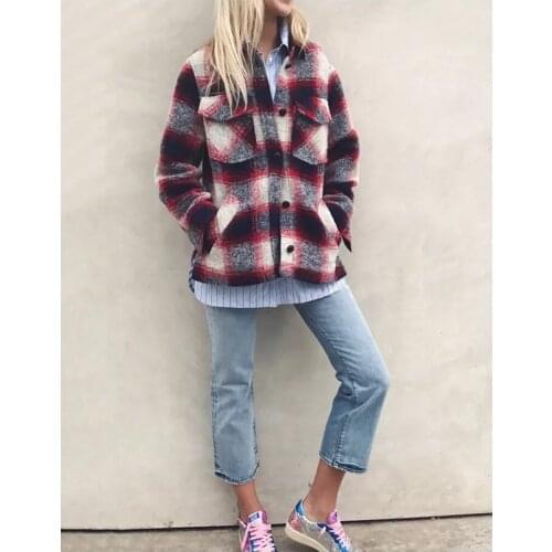 Woman 2018 Autumn Winter Fashion Red White Check Wool Shirt Long Sleeved Breasted Pockets Sides Pocket Button Down Coat