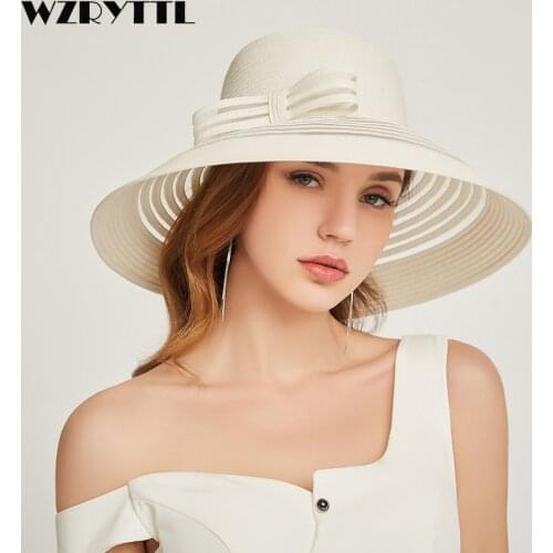 2019 New Style Women Summer Beach Hat Bow knot Accent Ladies Striped Wide Brim Floppy Sun Hat Kentucky Derby Paper Straw Hat