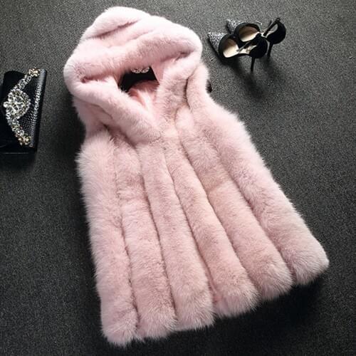 New fur vest faux fox fur coat hooded vest vertical stripe medium-long vest women Winter Jacket Outwear casaco feminino