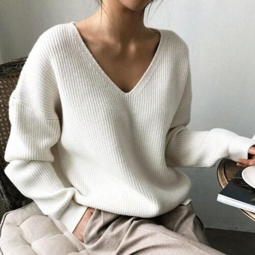 Women Sweater Autumn Winter Spring V-Neck Simple Casual Knitted Sweater White Black Pullover Size jumper 2020