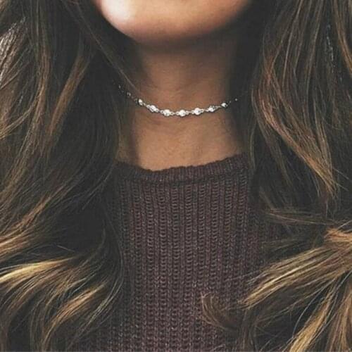 Simple Fashion Delicate Women Necklace Dainty Gold Crystal Zircon Beads Chain Choker Jewelry Necklace