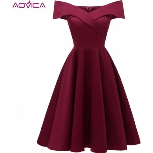Aovica Women Summer Off Shoulder V-Neck Retro Vintage 50s 60s Elegant Dress Sexy Rockabilly Party Dress Midi Vestidos