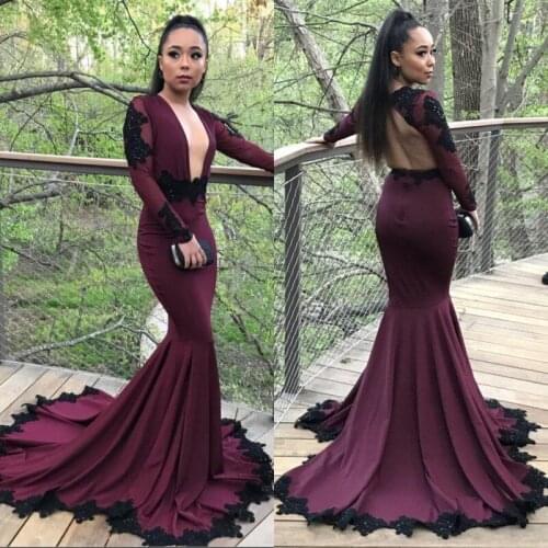 Burgundy Mermaid Prom Dresses 2021 vestidos de gala Sexy Deep V Neck Long Sleeve Imported Party Dress Open Back Evening Dress