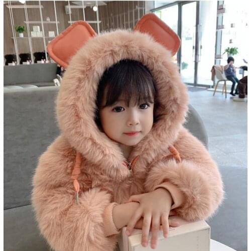 Winter clothes new girls thick furry hooded thick coat, baby girl western style faux fur top