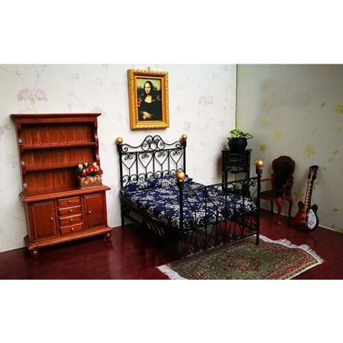 1:12 Dollhouse Miniature Metal European Retro Double Bed Bedroom Furniture