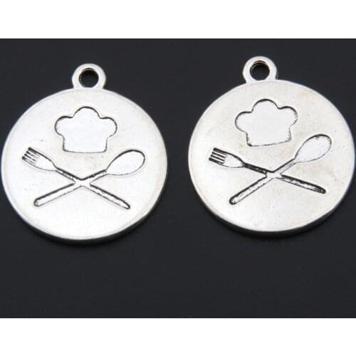10pcs Silver Color Tableware Round Charms Knife And Fork Chef Cap Pendant Bracelet Necklaces Jewelry Wholesale