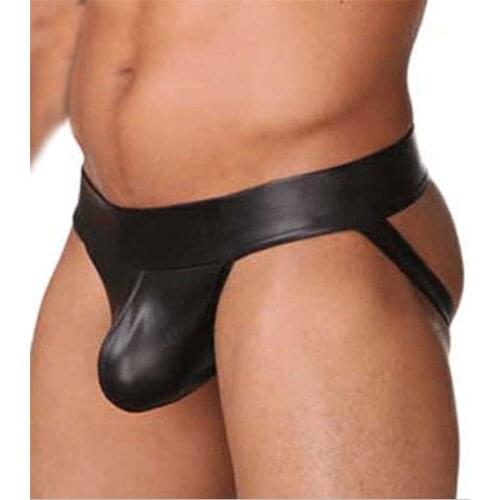 2016 Hot Sale Sexy Mens Males Black Thongs Underwear Faux Leather Jockstrap Underwear Erotic Size S M L XL