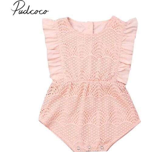 2019 Baby Summer Clothing Newborn Baby Girls Lace Bodysuit Outfits Clothes Ruffles Sleeve Pink Solid Jumpsuits Sunsuit Playsuit