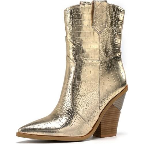 2020 Faux Leather Cowboy Ankle Boots for Women Wedge High Heel Boots Snake Print Western Cowgirl Boots Silver Gold White Black