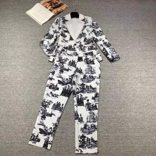 2021 Autumn New Fashion Design Two Pieces Set Women Single Button Diamonds Top+Pans Suits