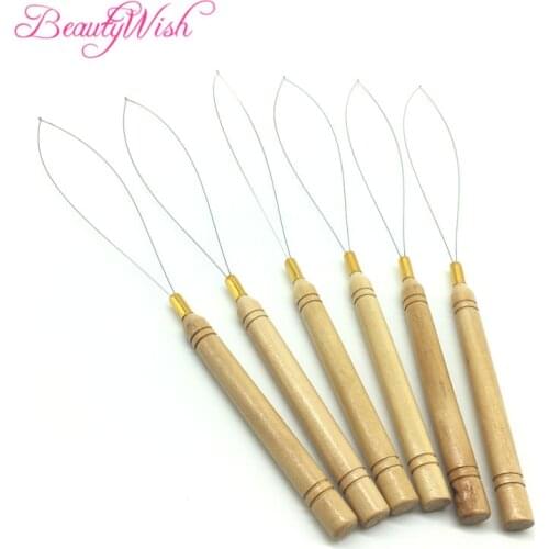 60Units Pulling Needle Loop Threader Micro Beads Wooden Handle Hair Extension Quality Micro Ring Threader with Wooden handle