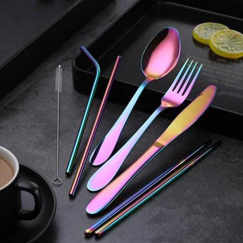 7pcs Stainless Steel Knife Fork Utensils Tableware Dinnerware Reusable Travel Set Camping Utensils With Chopsticks Straw
