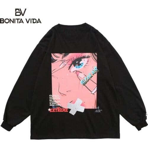 Bonita Vida Harajuku Cartoon Girl Print Long Sleeve Tees Shirts Mens Hip Hop Casual Loose T shirts Streetwear Fashion Tops