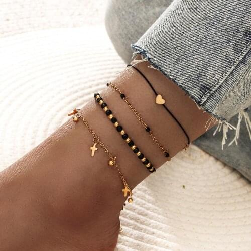 Black Beaded Cross Heart Rope Boho Anklets for Women Multi-layer Chain Charm Foot Bracelet Jewelry Tobillera