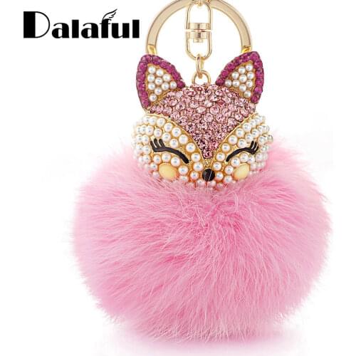 Dalaful Lovely Fox Rabbit Fur Ball Fluffy Key Chains Rings Crystal Hotsale Bag Pendant Keyrings KeyChains For Women K283