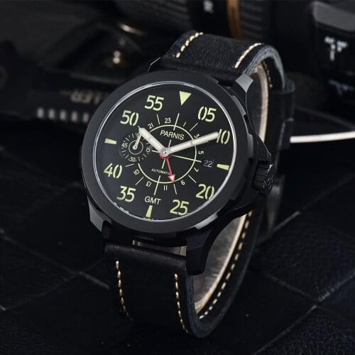 New Parnis 44mm Black Case Mechanical Men Watch Red GMT Automatic Waterproof Watches Calendar Leather Strap 2021 With Box Gift