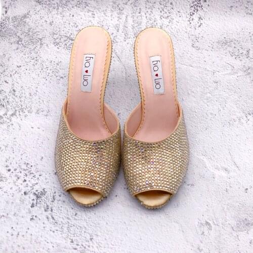 CHS1213 Custom Made Royal Blue Crystal High Heels Women Slipper Wedding Shoes Women Slides Party Shoes