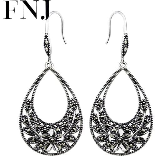 FNJ Hollow Flower Earrings 925 Silver Original Pure S925 Sterling Silver Drop Earring for Women Jewelry MARCASITE