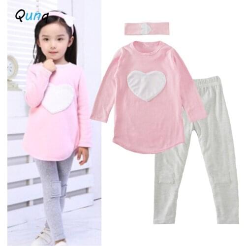 Cotton Girls Suits Lovely Heart Long Sleeve Shirts Solid Legging Headband Children Clothing Set Spring Fall Casual Kids Costume