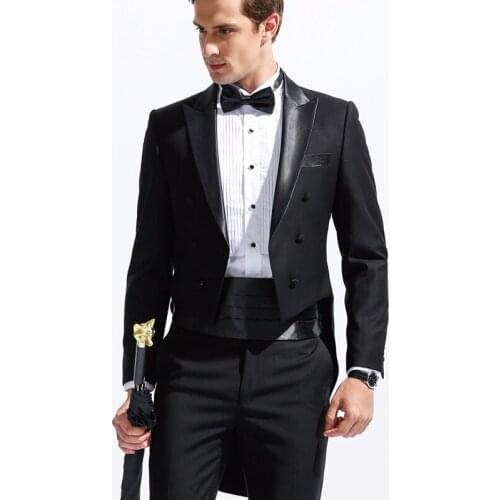 Custom Made Groomsmen Black Tailcoat Style Groom Tuxedos Peak Satin Men Suits Wedding Best Man ( Jacket+Pants+Girdle+Tie ) C252