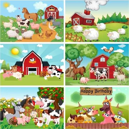 Laeacco Rural Farm Birthday Party Animal Portrait Baby Cartoon Photo Backdrops Photography Backgrounds Photocall Photo Studio