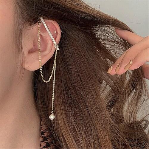 Minar Temperament Bling Rhinestone Tassel Earrings for Women Gold Color Chain Pearl Geometrical Clip Earrings Minimalist Jewelry