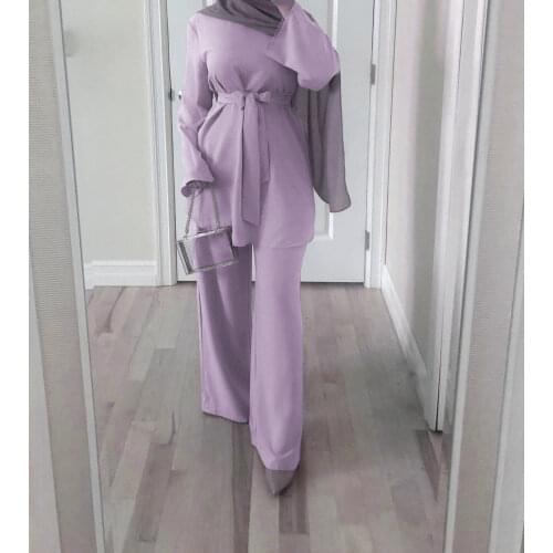 Muslim 2 Piece Sets Women Ramadan Lace-up Tops and Pants Kaftan Abaya Turkey Hijab Modest European Clothing Musulman Ensembles