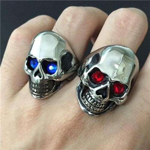 Drop Ship Size 7-14 Smile Polishing Skull Ring With Crystal Stone Red Blue 316L Stainless Steel Man Women Motor Biker Ring