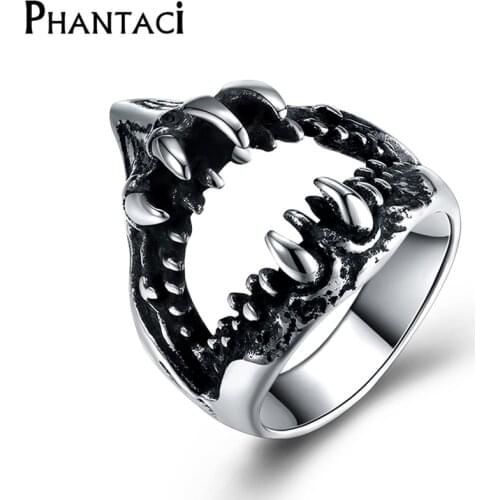 Phantaci Punk Style Stainless Steel Black Man Ring Animal Tooth Pattern Silver Color High Quality Vintage Male Ring Jewelry
