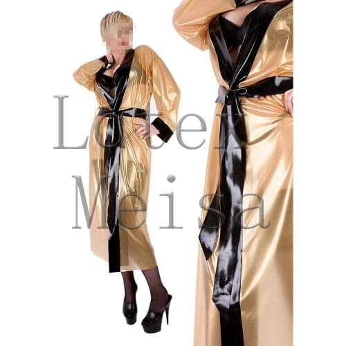 Novelty womens kimono 100% natural exotic latex long bathroomrobe in transparent and decorative with black trim