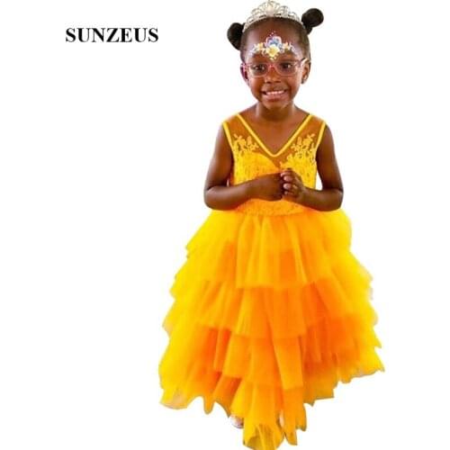 Orange Flower Girls Dresses With Appliques A-line V-neck Tank Tiered Tulle Children Party Gowns For Birthday