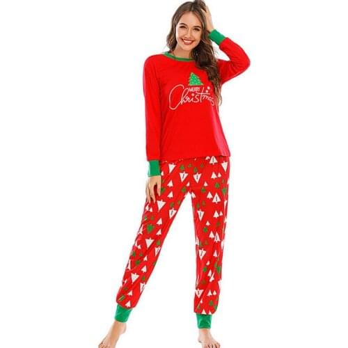 Christmas Home Wear 2 Pieces Nightwear Set Womens Floral Print Round Neck Long Sleeve Top&Long Trousers Red/Navy Print 2Pcs Set