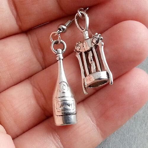 Wine Glass & Corkscrew Earrings, Miniature Food Asymmetric Earrings Jewelry Handmade Jewelry Mini Food Jewelry Gift