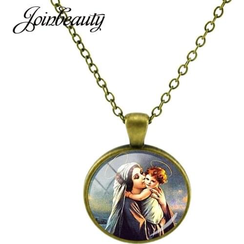 JOINBEAUTY Mother And Baby Angel Art Pattern Pendant Necklaces Handmade Glass Dome Statement Necklaces Mothers Day Jewelry MY01
