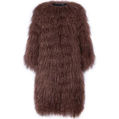 YOLOAgain Fashion Women Long Real Fur Coat Mongolia Sheep Fur Coat