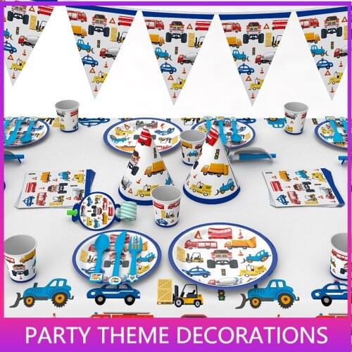 Construction Trucks Engineering Cars Party Disposable Tableware Set Plate Straw Birthday Party Decorations Kids Cake Decor
