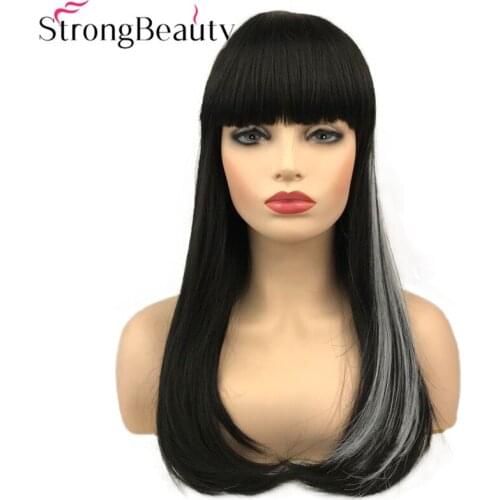 StrongBeauty Long Straight Wigs with Neat Bangs Synthetic Hair Black Grey Wig Women Wig