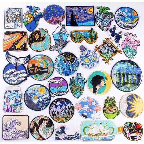 Van Gogh Embroidered Patches For Clothing Thermoadhesive Patches Wave Applique Patch On Clothes DIY Outdoor Adventure Badges