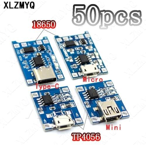 50PCS / TP4056 18650 5V 1A Micro USB 18650 type-c Lithium Battery Charging Board Charger Module+Protection Dual Functions Mini
