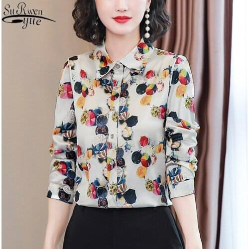 2021 Printed Satin Silk Shirt for Women Office Lady Long-Sleeve Floral Button Cardigan Women Blouse Plus Size Ladies Tops 10723