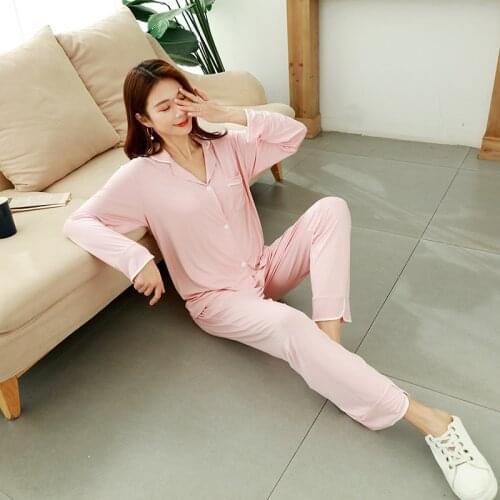 Womens Pajamas Modal Temperament Small Lapel Buttons Cardigan Soft Sleepwear Female Long Sleeve Home Clothes Soft Pijama Muje