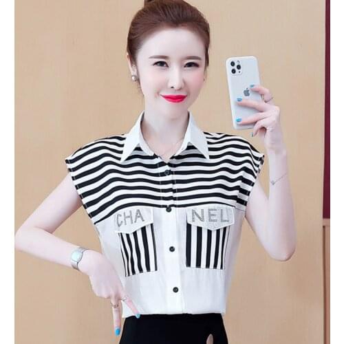 Stripe Chiffon Shirts Women Summer 2021 New Europe Station Stylish Blouses Short Sleeve Polo-Neck Blusas Tops MM0823